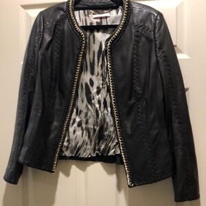 Basler “Chanel”-style black leather jacket with gold chain detail. Size 10